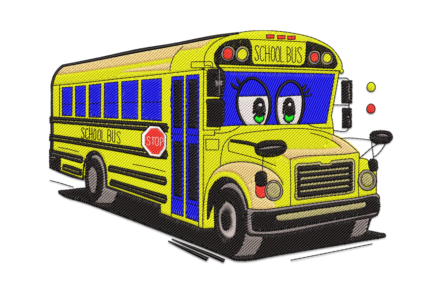 Cartoon yellow school bus with big rounded eyes on the windshield, red stop sign on side, illustrated three quarter front angle embroidery