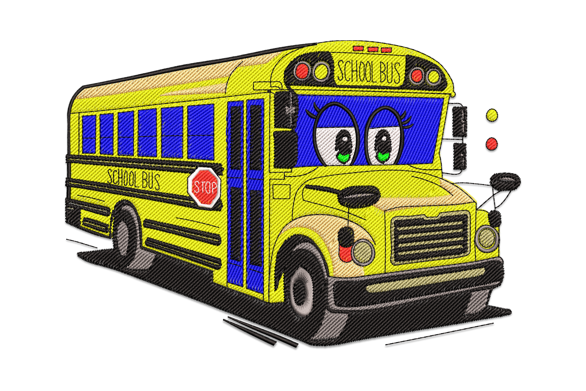 Cartoon yellow school bus with big rounded eyes on the windshield, red stop sign on side, illustrated three quarter front angle embroidery