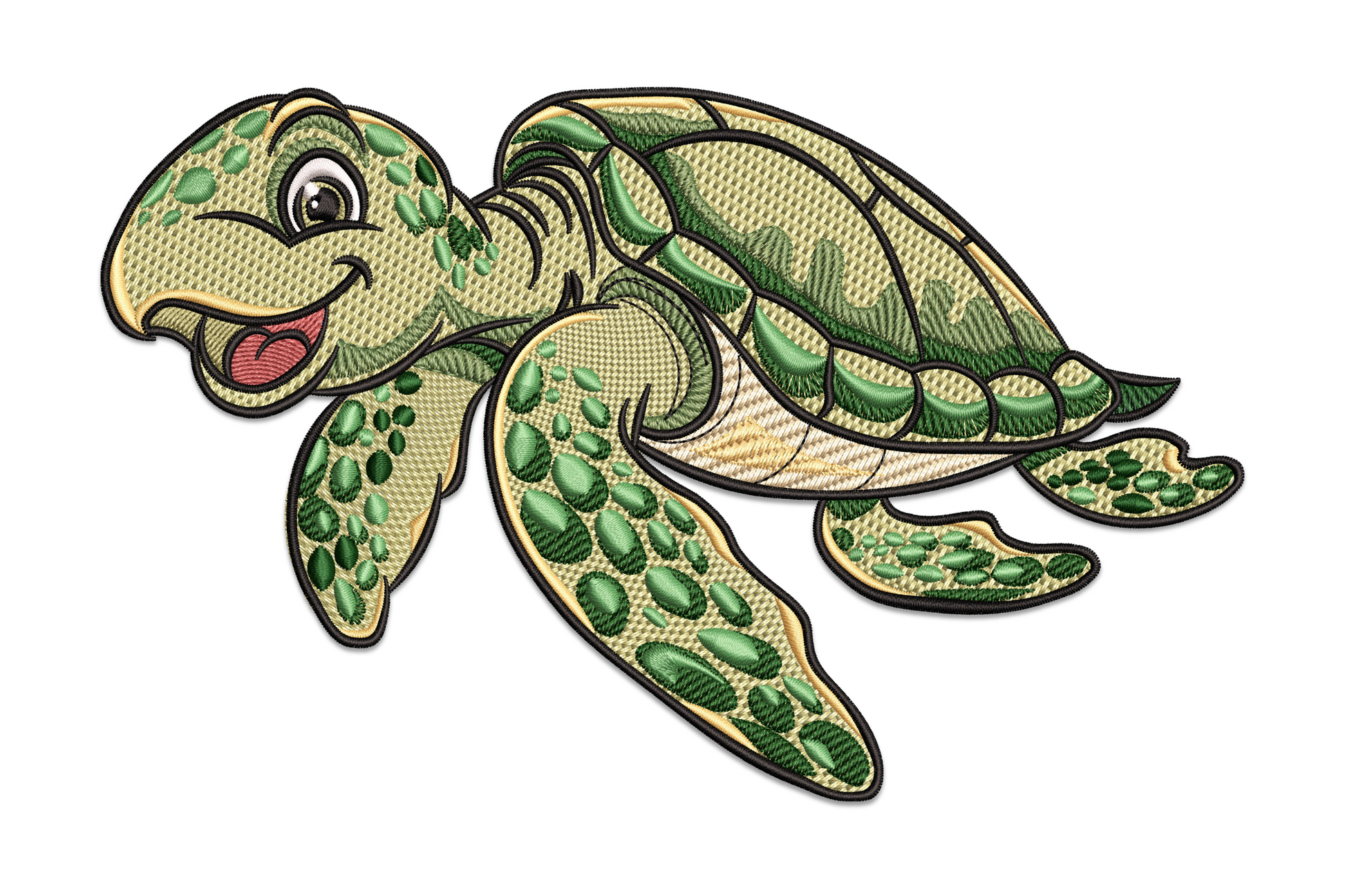 Cute sea turtle embroidery design from above with detailed mosaic shell in dark teal, olive, and coral orange, 10 colours