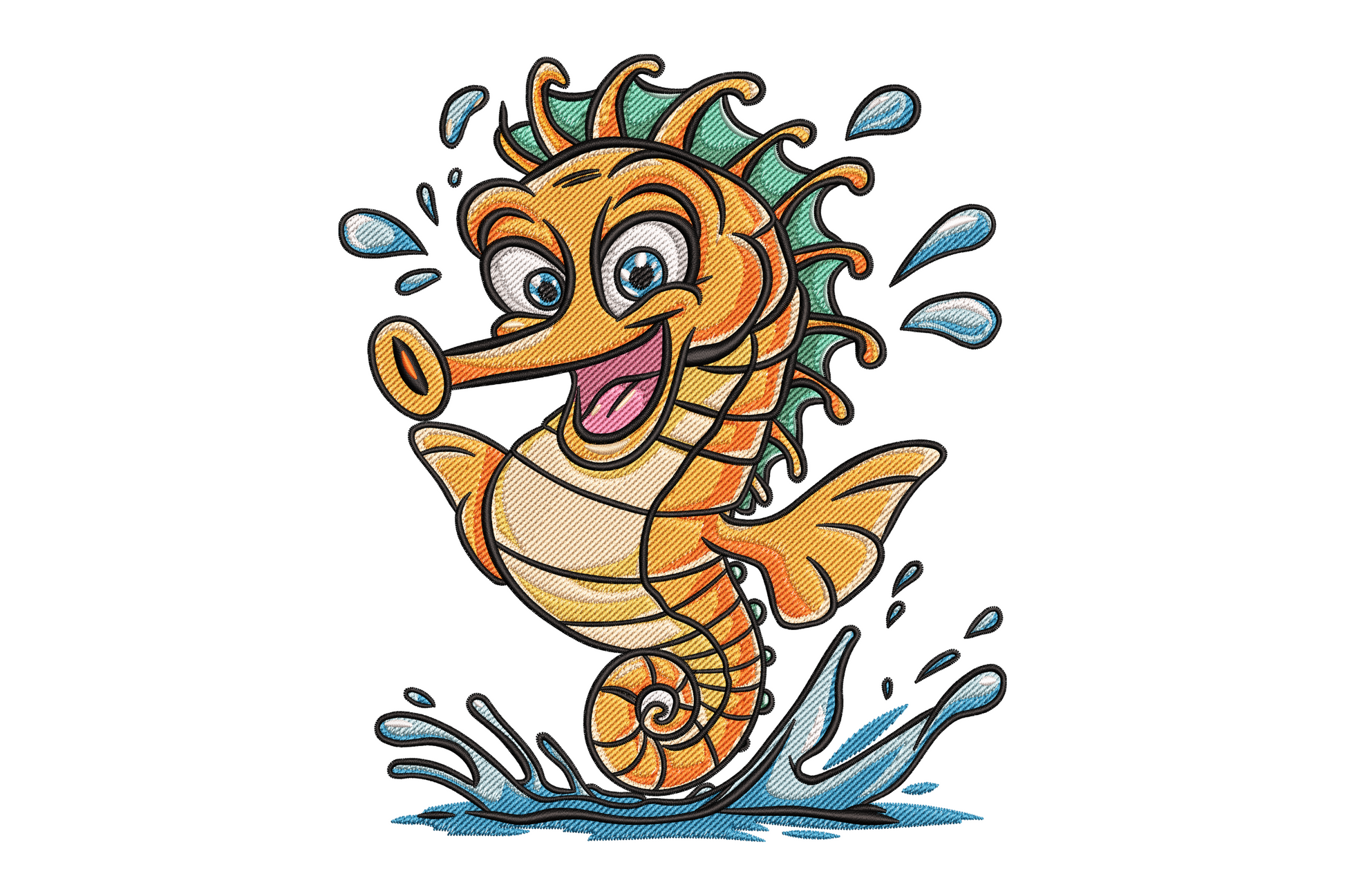 Cute cartoon seahorse embroidery with teal mane, orange body, water splashes and big grin, 16 colours on white background.