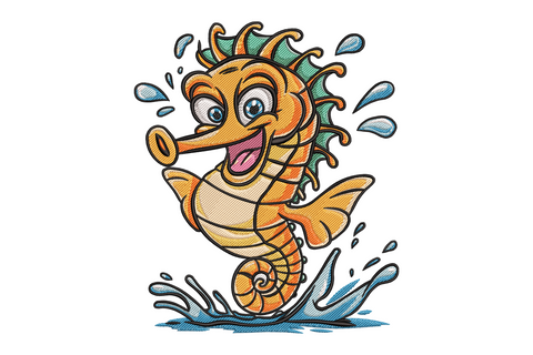Cute cartoon seahorse embroidery with teal mane, orange body, water splashes and big grin, 16 colours on white background.