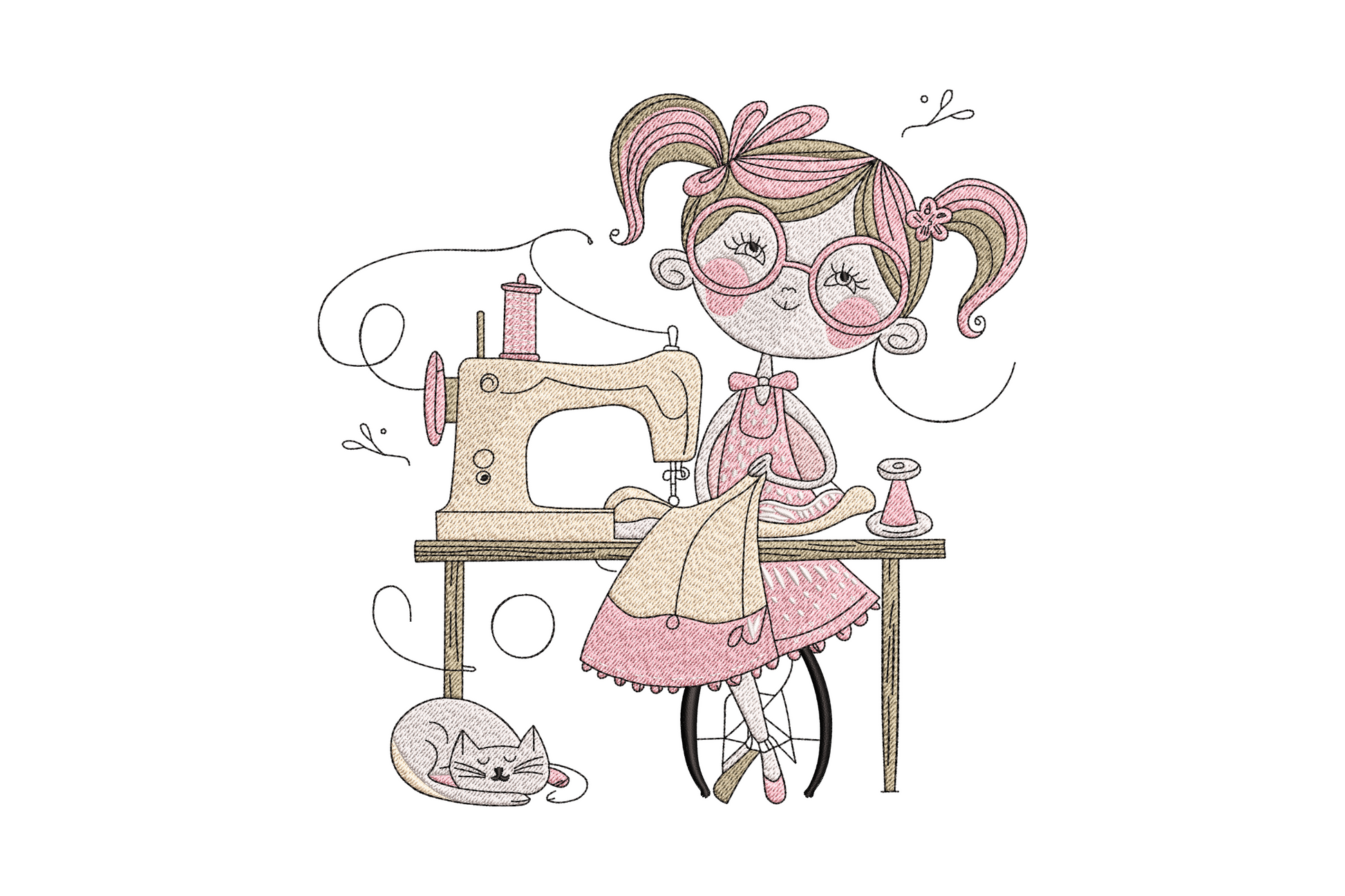Sewing girl embroidery, illustrated girl at a machine with thread spools, 6 colours dusty pink and sage, 3.46 to 7.42 inch