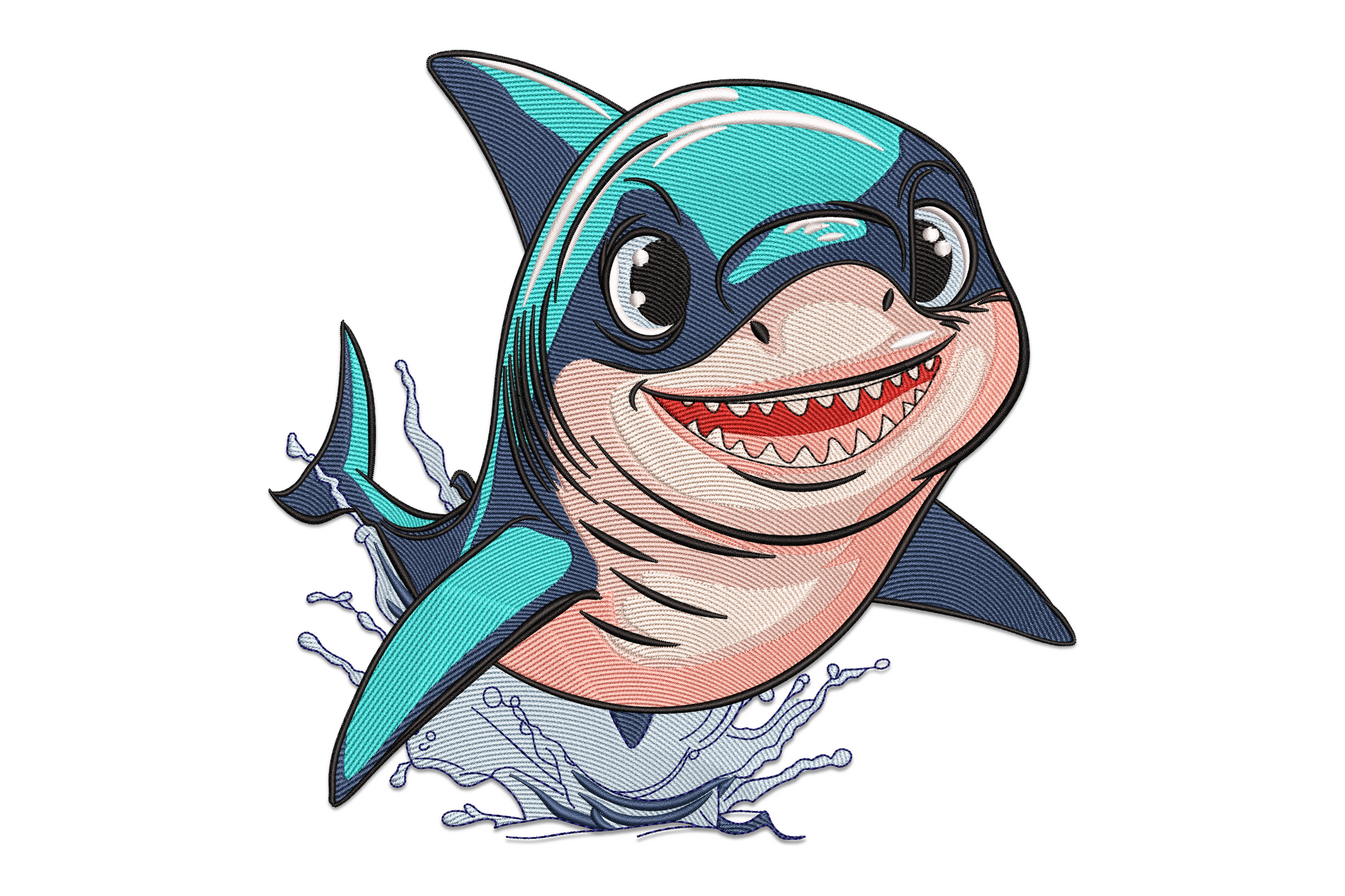 Cute shark embroidery design, cartoon style with grin and water splash, 10 colours, 5 sizes up to 7.51 inches wide.