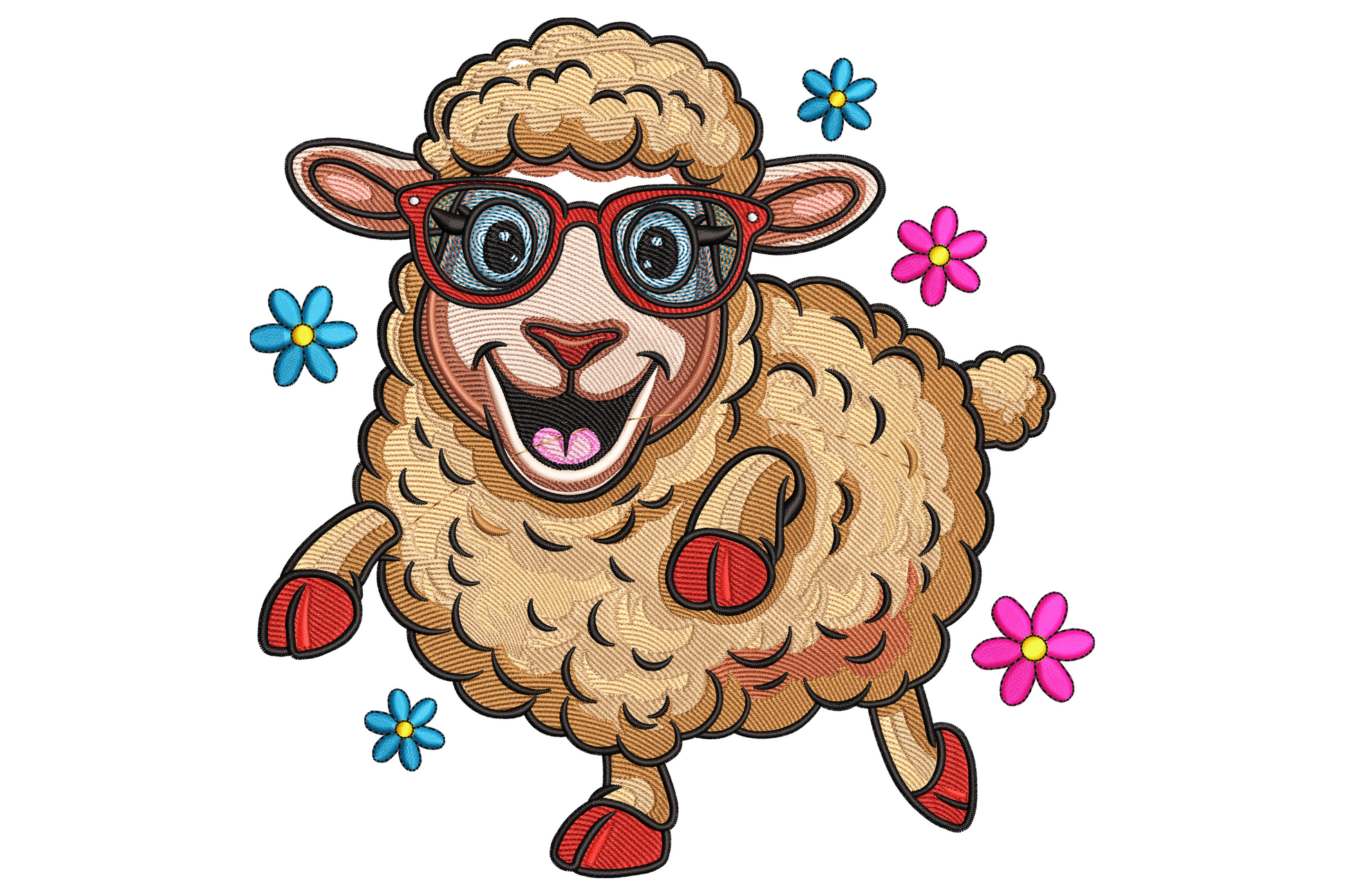 Fluffy tan sheep in red round glasses mid-run, wide grin, scattered blue and pink daisy flowers, machine embroidery design.