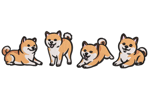Four Shiba Inu dogs embroidery design in a horizontal row showing different poses including lying, sitting, stretching and relaxing.