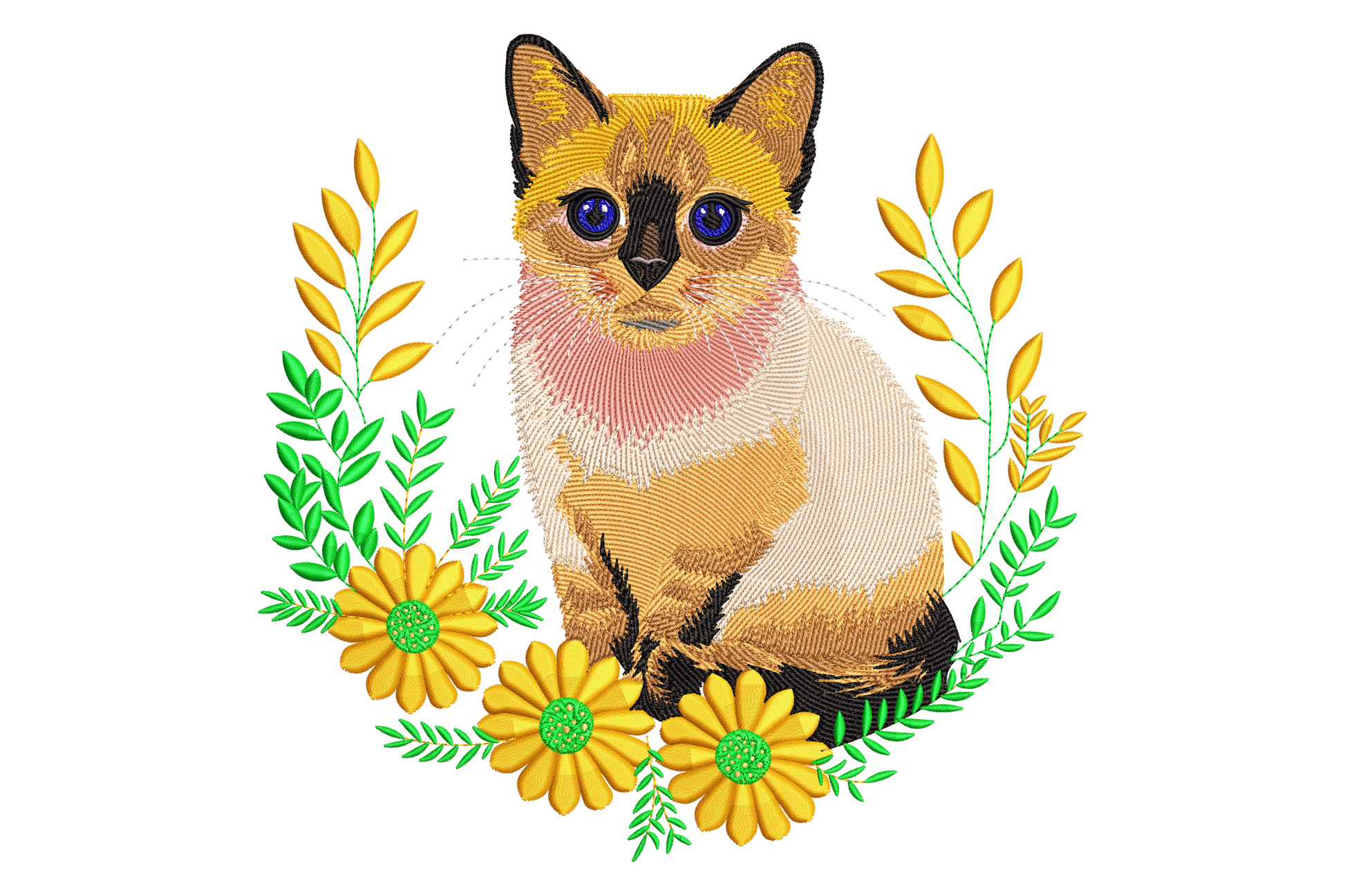 Siamese cat machine embroidery design surrounded by sunflower and leaf wreath, 14 colors, sizes 3.5 to 7.5 inch
