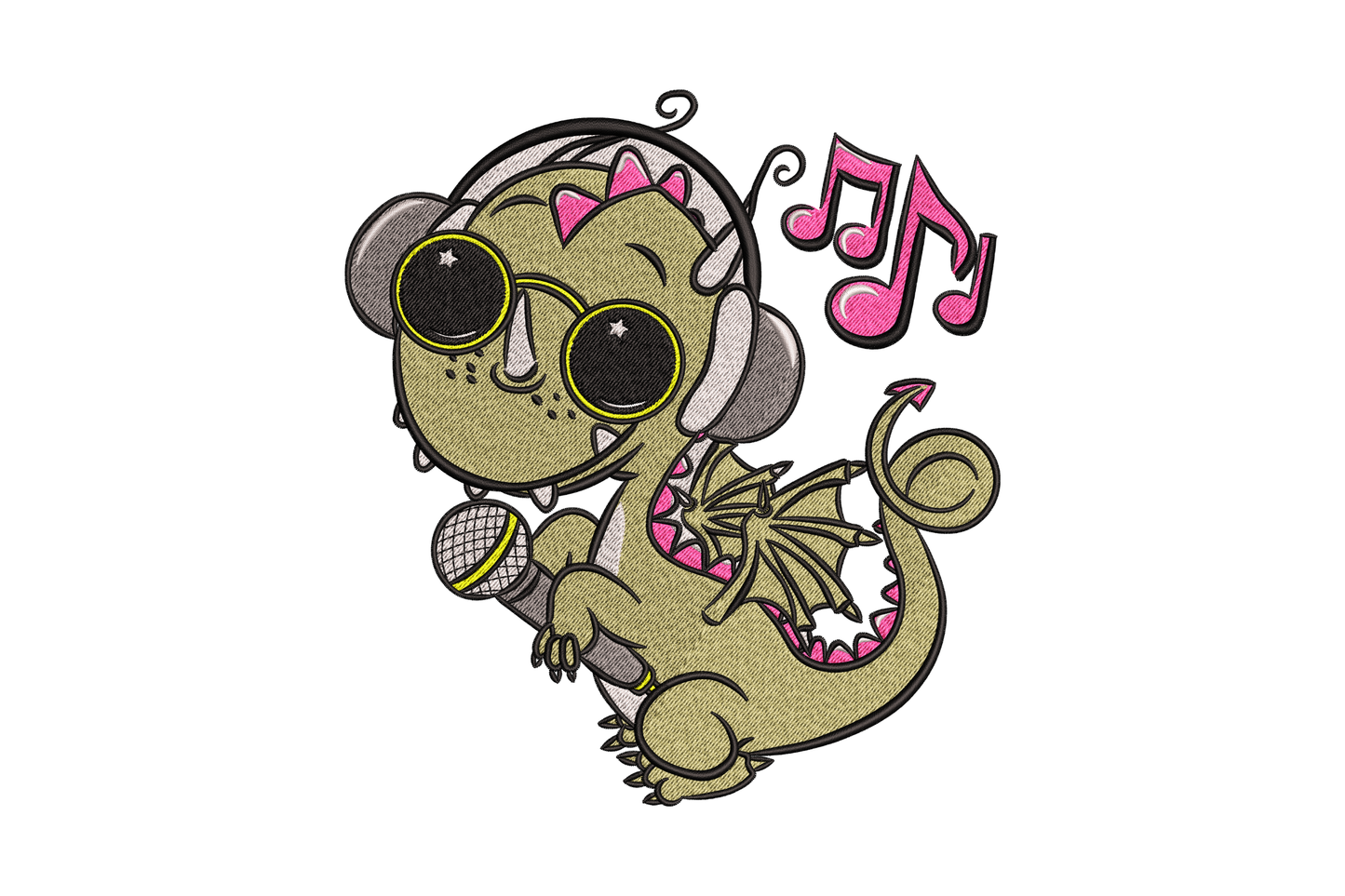 Cute singing baby dragon embroidery with khaki body, pink belly spikes, headphones, sunglasses and microphone in 6 colours
