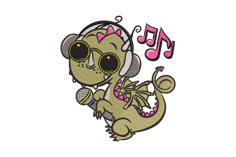 Cute singing baby dragon embroidery with khaki body, pink belly spikes, headphones, sunglasses and microphone in 6 colours
