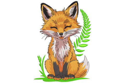 Sitting cartoon fox with closed eyes fluffy tail and green fern leaves