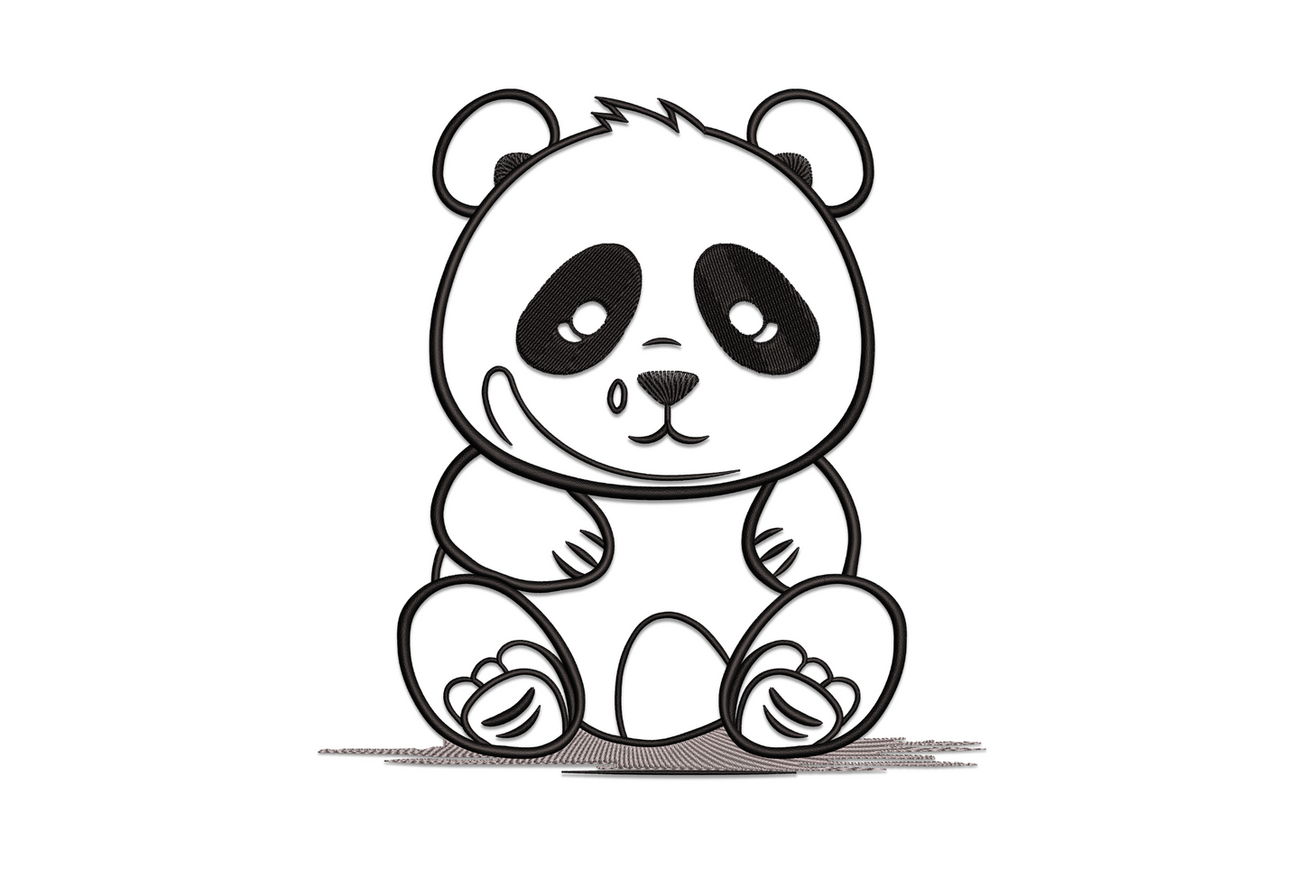 Cute sitting panda embroidery design, kawaii cartoon style, round eye patches, grey and black, children's design.