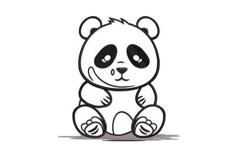 Cute sitting panda embroidery design, kawaii cartoon style, round eye patches, grey and black, children's design.
