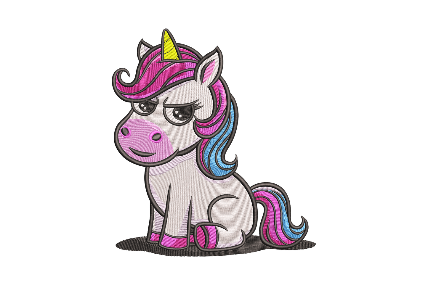 Cute sitting unicorn embroidery, sassy half-lidded eyes, bold magenta mane with blue streak, yellow horn, full body comic-book cartoon style.