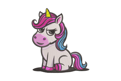 Cute sitting unicorn embroidery, sassy half-lidded eyes, bold magenta mane with blue streak, yellow horn, full body comic-book cartoon style.