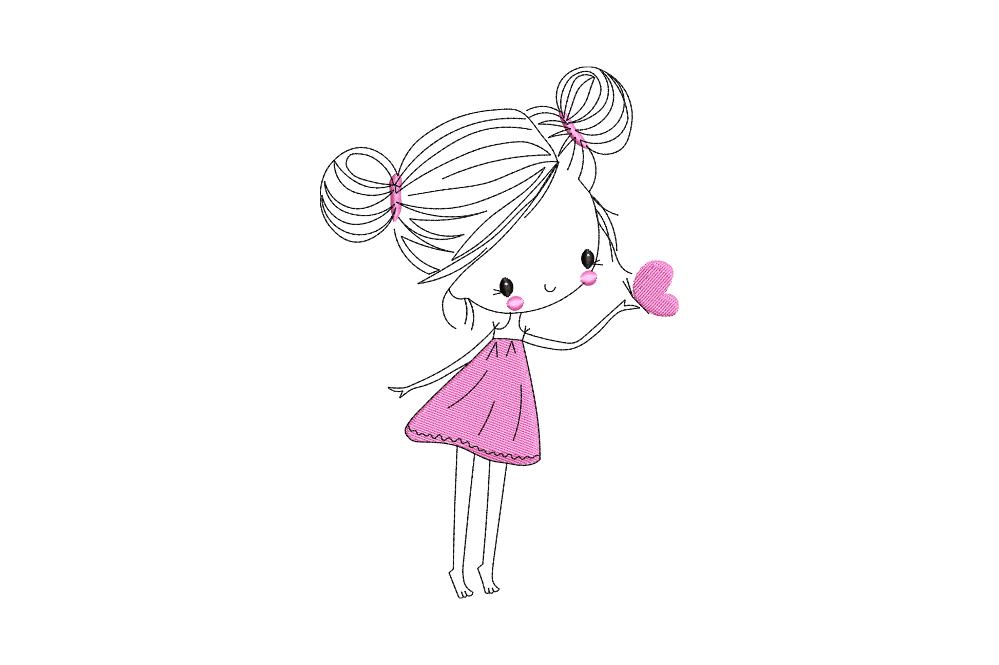 Sketch girl embroidery design with fine line hair buns, hot pink dress and a small pink heart held out to one side.