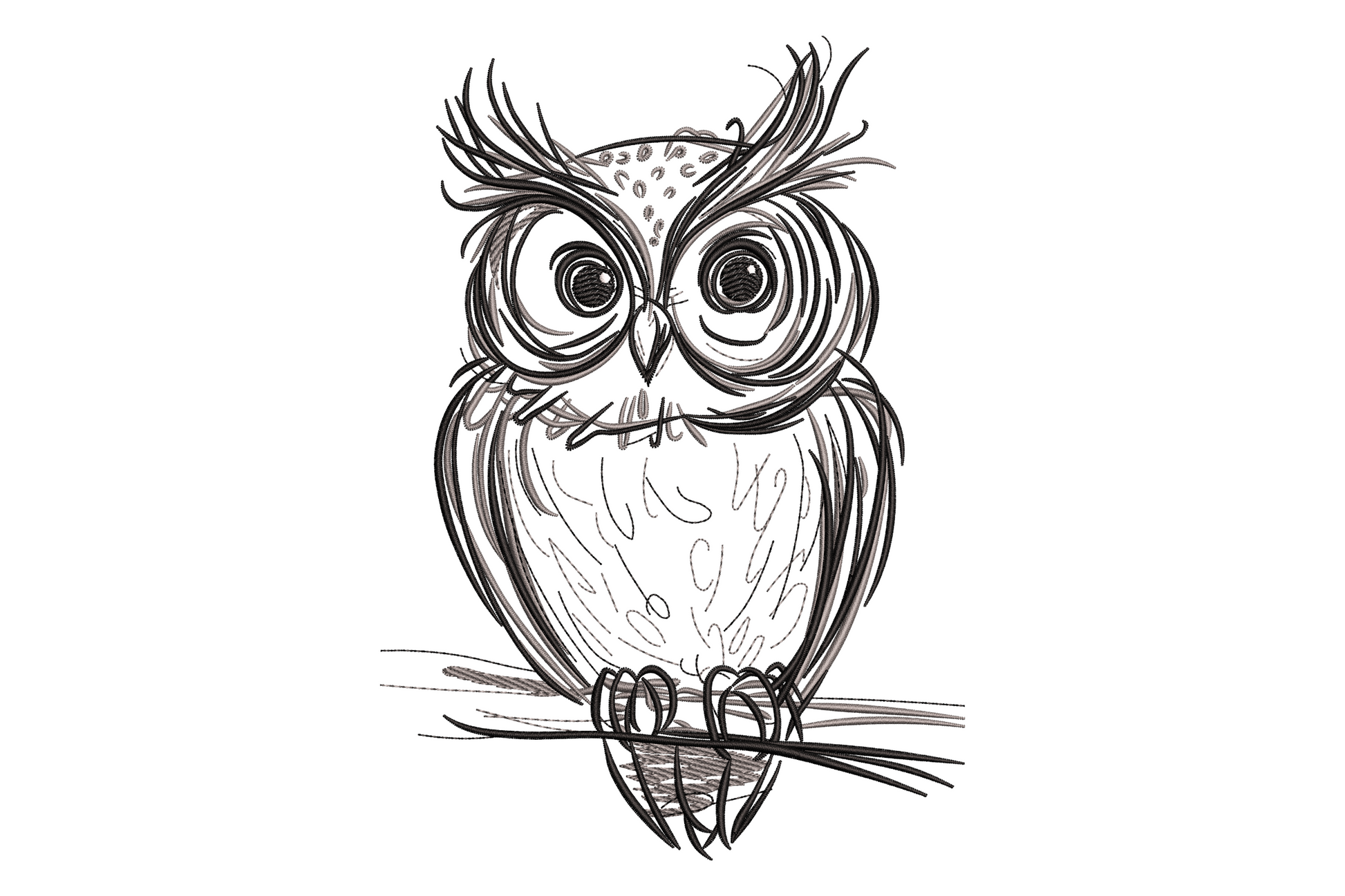 Sketch owl embroidery design, loose charcoal hand-drawn lines, spiraling eyes, wild ear tufts, branch.