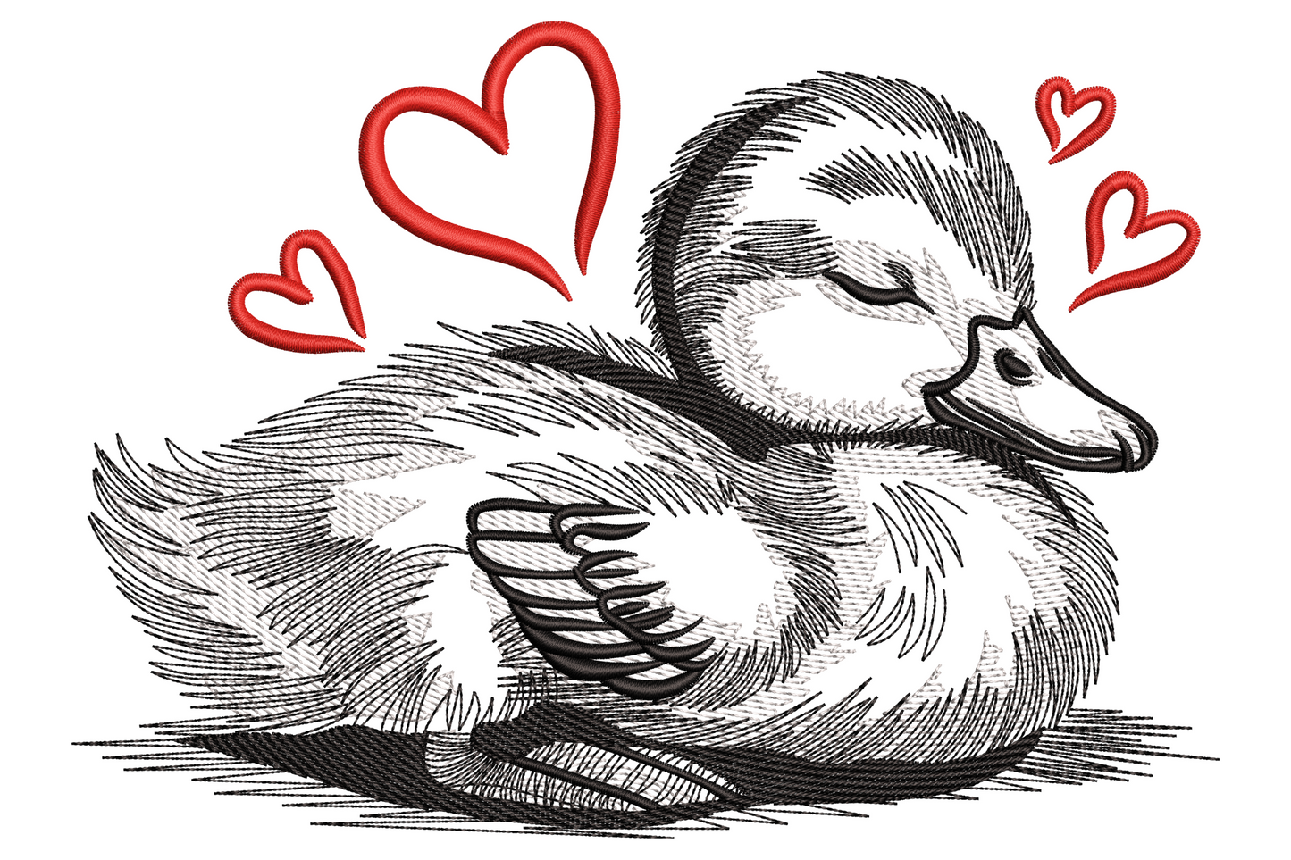 Sleeping duckling embroidery design with a soft yellow chick curled up and three small pink hearts floating overhead in nursery style.