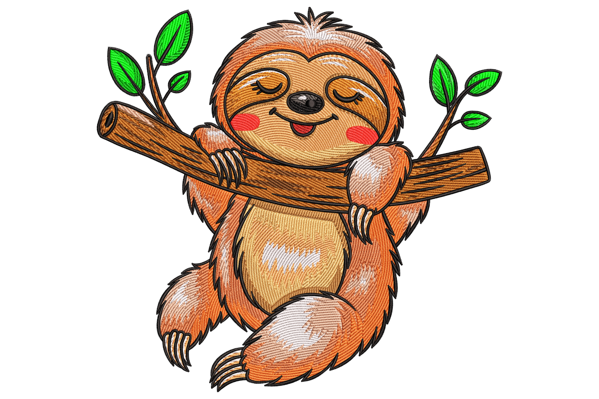 Cute sleeping sloth embroidery design, fluffy round sloth hugging a branch with closed eyes, rosy cheeks and bright green leaves.