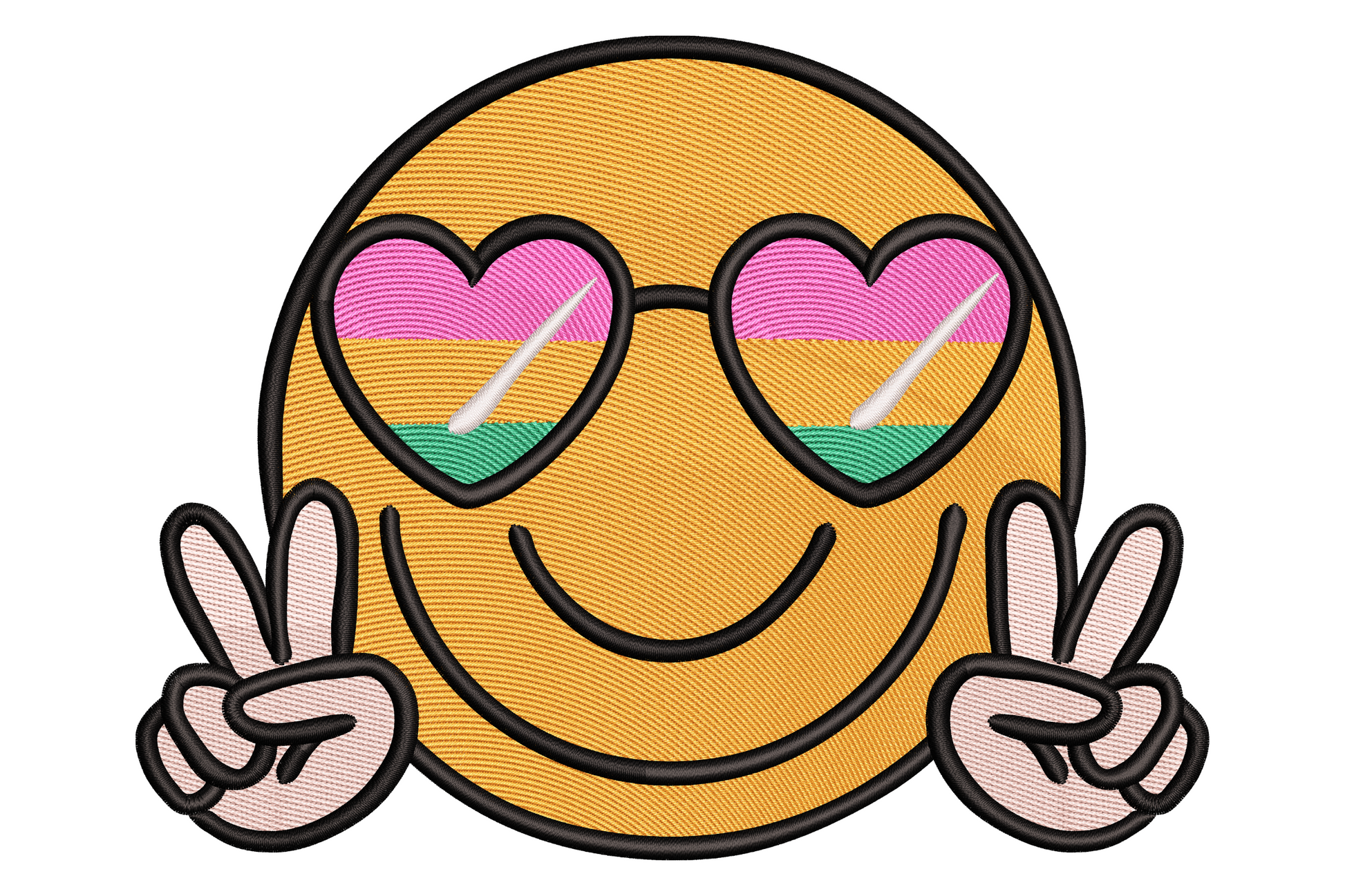 Retro smiley face embroidery, orange circle with heart sunglasses in pink and teal, peace-sign hands, 6 thread colors