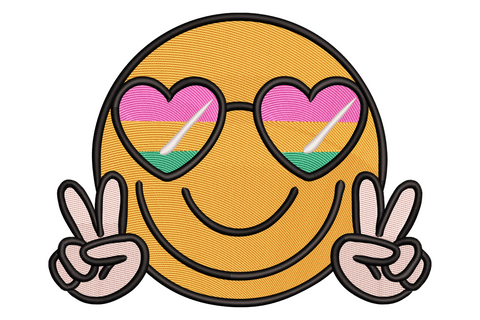Retro smiley face embroidery, orange circle with heart sunglasses in pink and teal, peace-sign hands, 6 thread colors