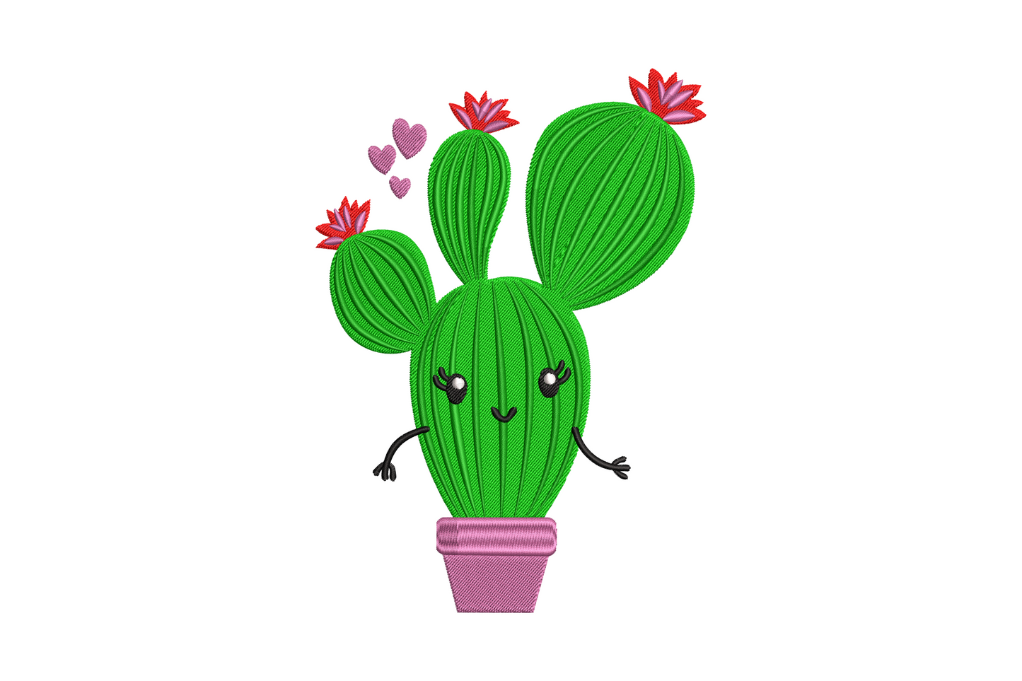 Kawaii smiling cactus embroidery design in pink pot with red flowers and floating pink hearts