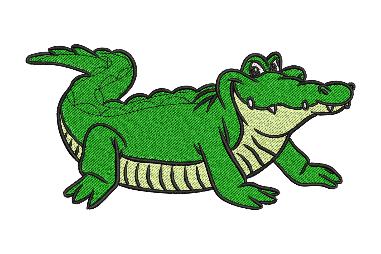 Smiling crocodile face embroidery design with kelly green scales, ivory teeth, and pink tongue, cartoon style.