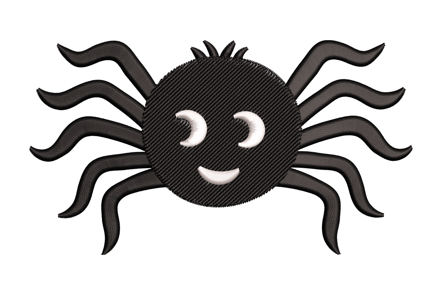 Machine embroidery design of smiling cartoon spider, round black body, wavy legs, white crescent eyes