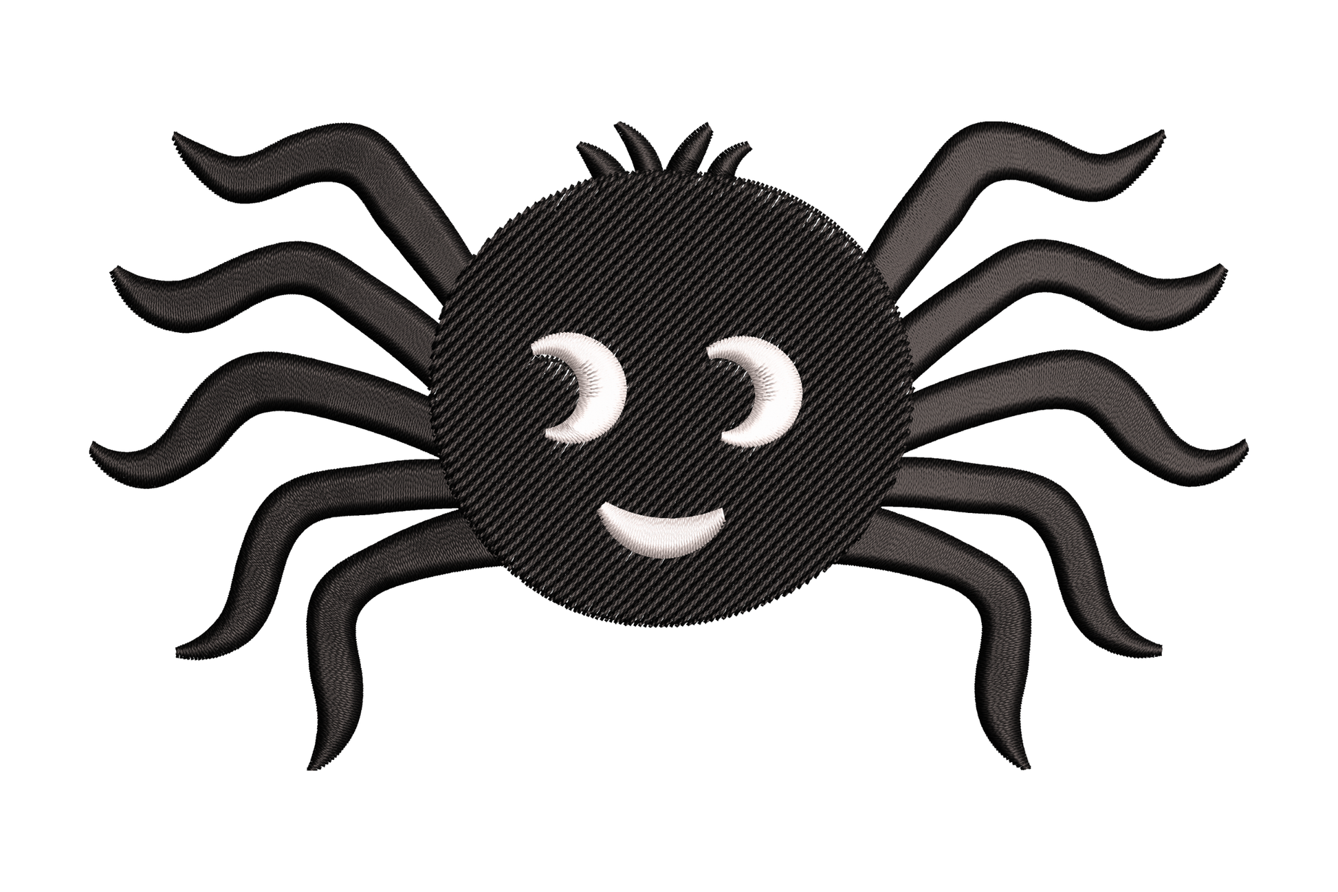 Machine embroidery design of smiling cartoon spider, round black body, wavy legs, white crescent eyes