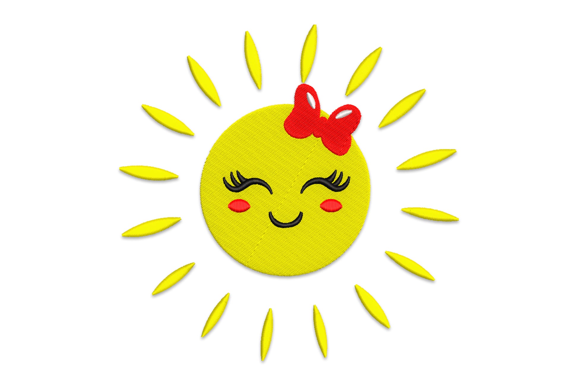 Cute smiling sun embroidery design with curly lashes, red bow, and pointed rays in yellow black and red