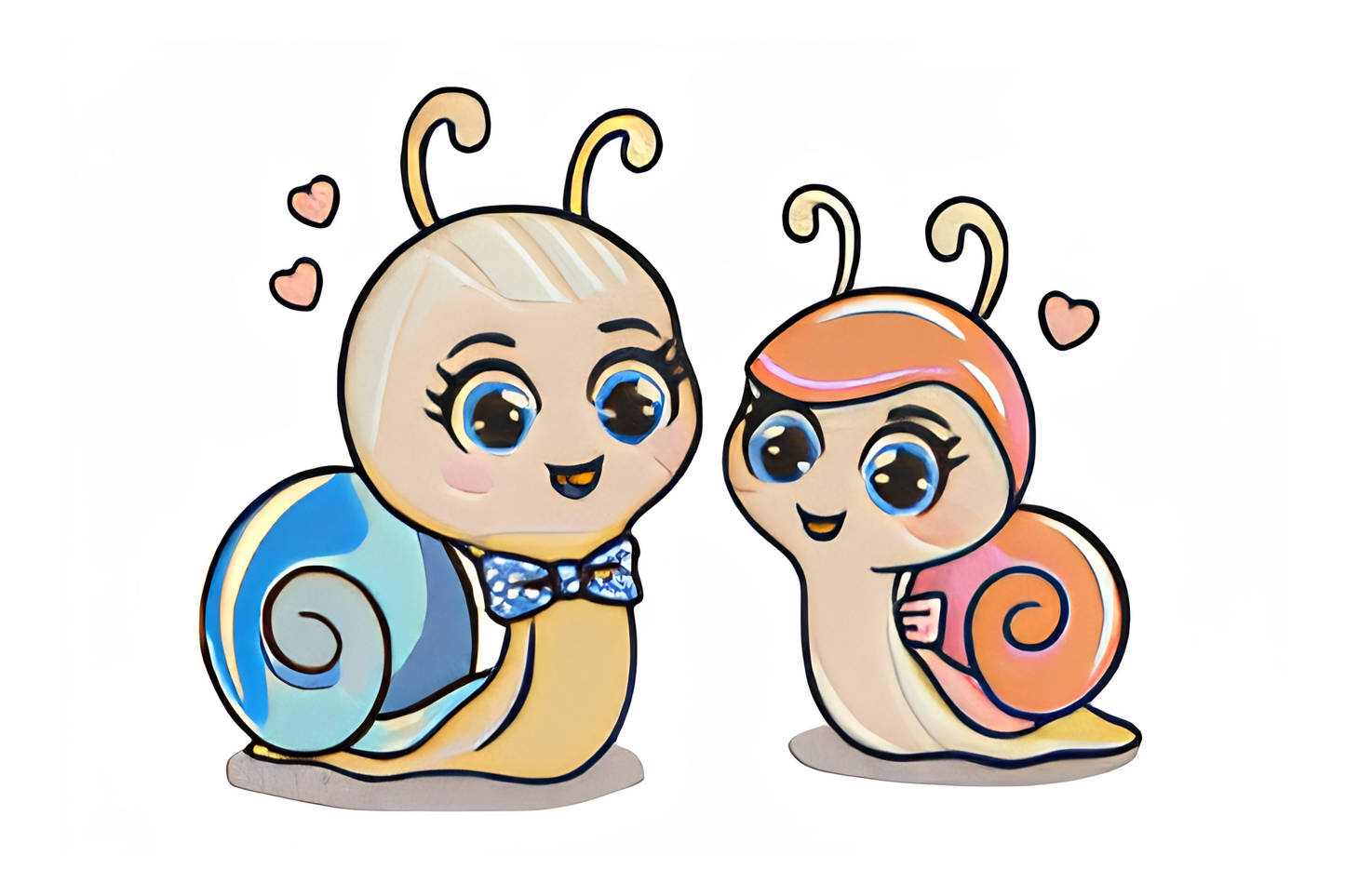 Cute snail couple embroidery design with two kawaii snails side by side, terracotta and cream spiral shells, lime green bodies, pink cheek accents on white background.