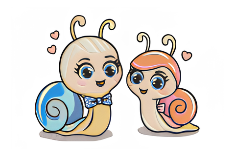 Cute snail couple embroidery design with two kawaii snails side by side, terracotta and cream spiral shells, lime green bodies, pink cheek accents on white background.