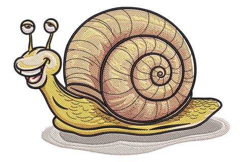 Cartoon snail embroidery with chunky golden-brown spiral shell, yellow-olive body, wide grin and antenna eyestalks.