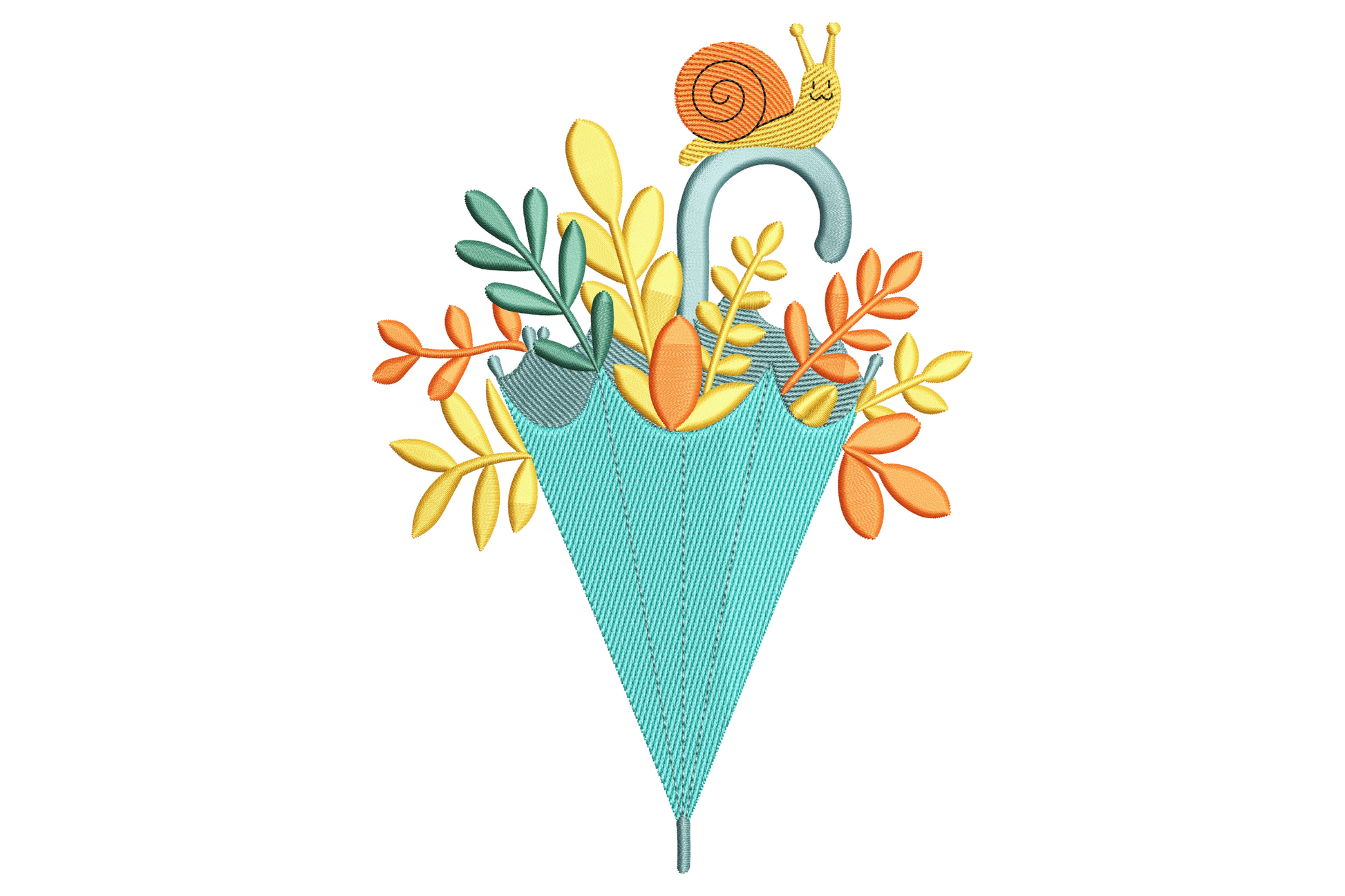 Cute cartoon snail holding an open umbrella, embroidery design in amber terracotta and olive green tones, soft rounded line-art style