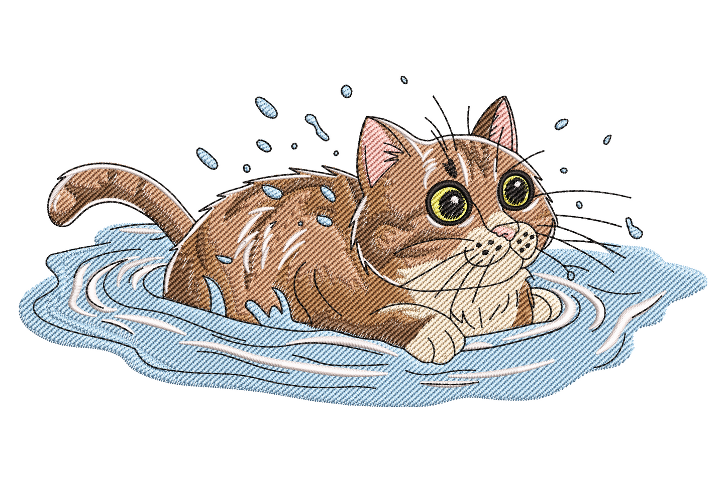 Cute splashing cat embroidery design, nine colours, tabby orange cat stepping in water with spray lines flying upward