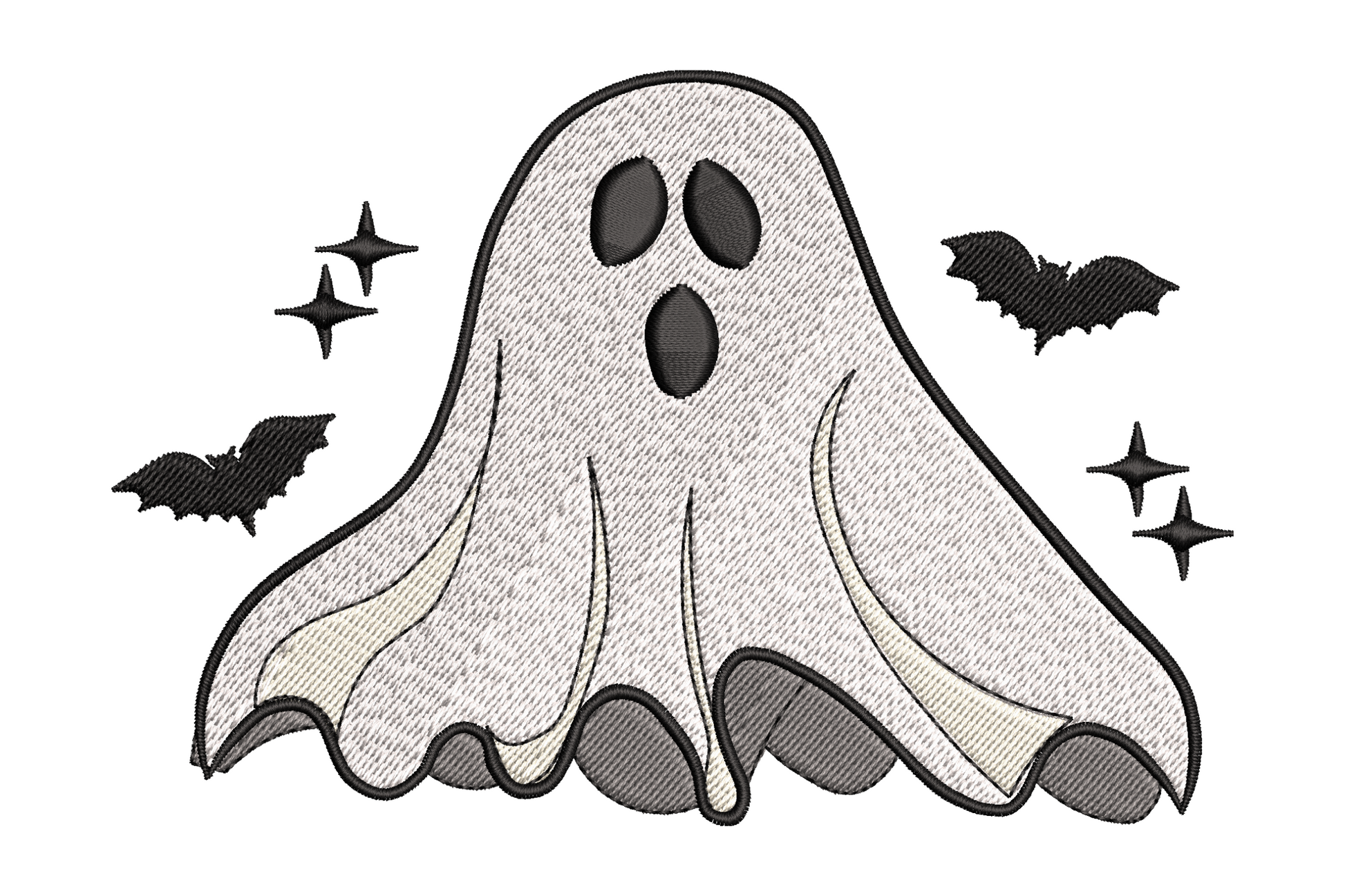 Machine embroidery design of a cute rounded halloween ghost with dark oval eyes bats and sparkle stars, 4 colours, 4 sizes