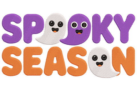 Cute Halloween ghost embroidery design, spooky season block lettering, pudgy cartoon ghost in white, black, orange and purple, wide playful composition.