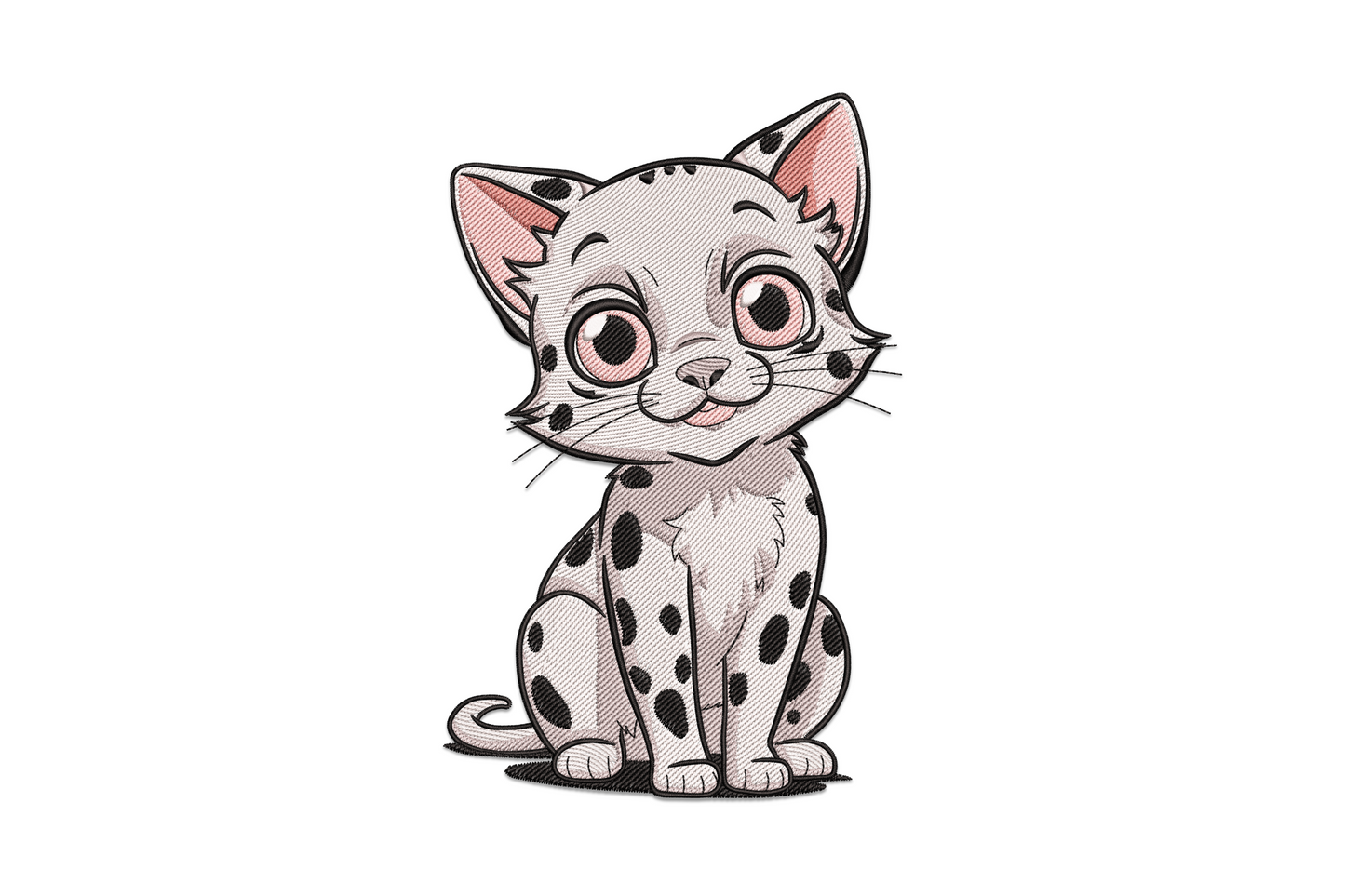 Cute spotted kitten embroidery design, white cartoon cat with black spots, pink cheeks and big round eyes, sitting pose.