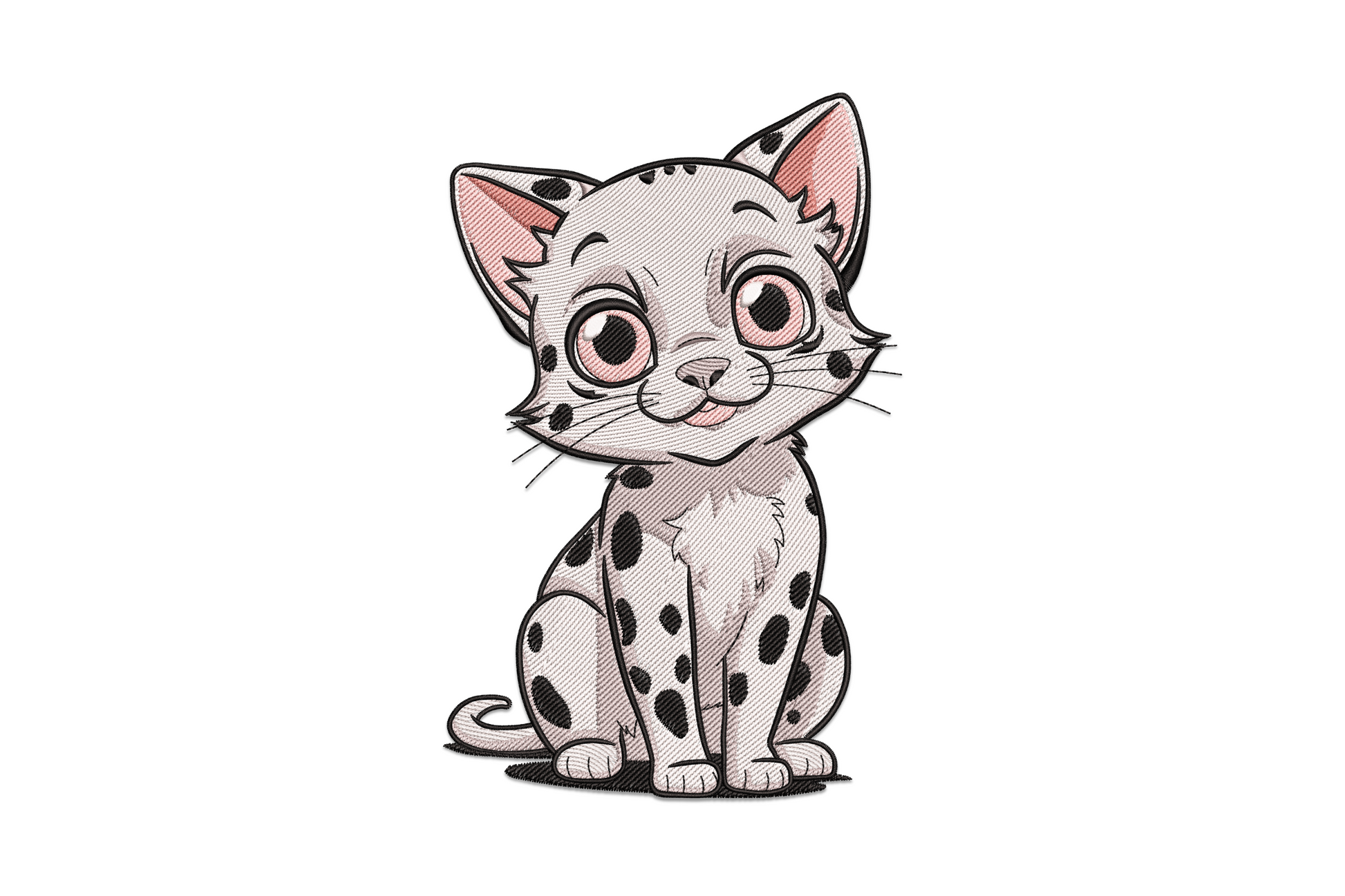 Cute spotted kitten embroidery design, white cartoon cat with black spots, pink cheeks and big round eyes, sitting pose.