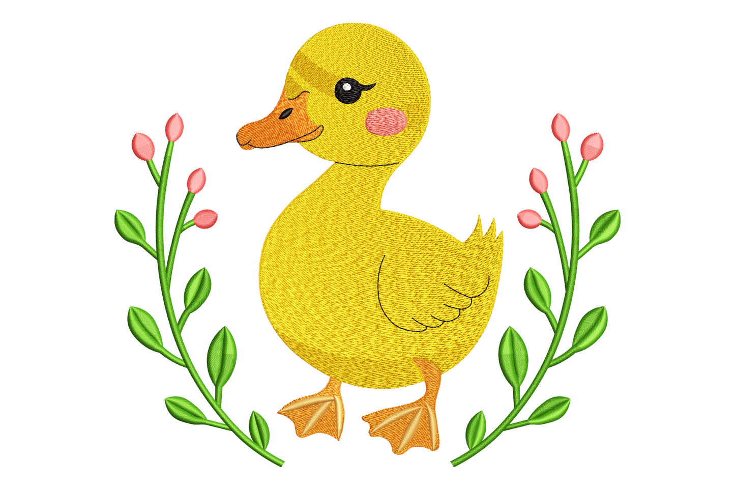 Yellow duck illustration with floral elements on a white background