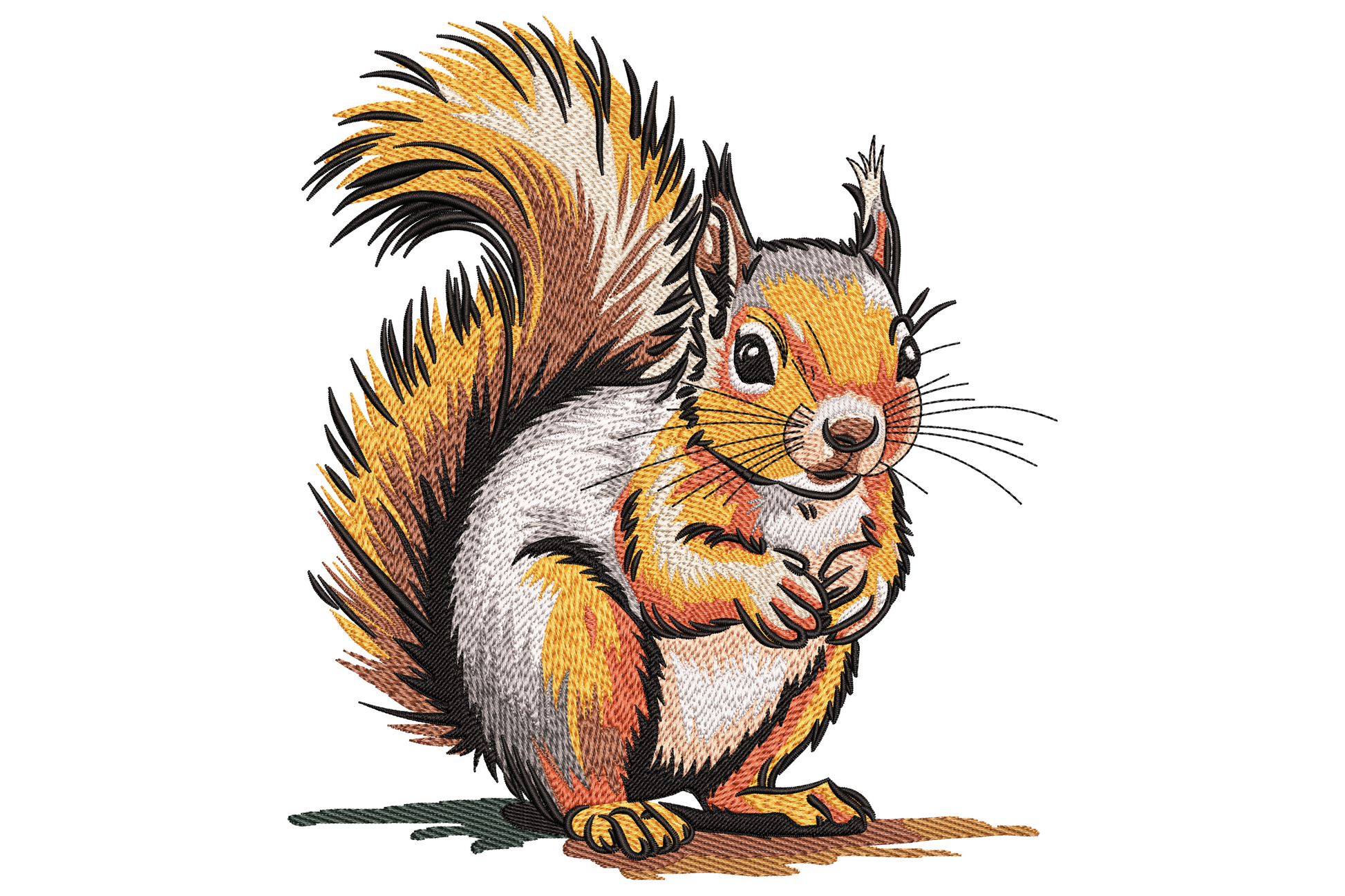 Cute cartoon squirrel embroidery design with curly bushy tail, cream belly and a green acorn held against the chest