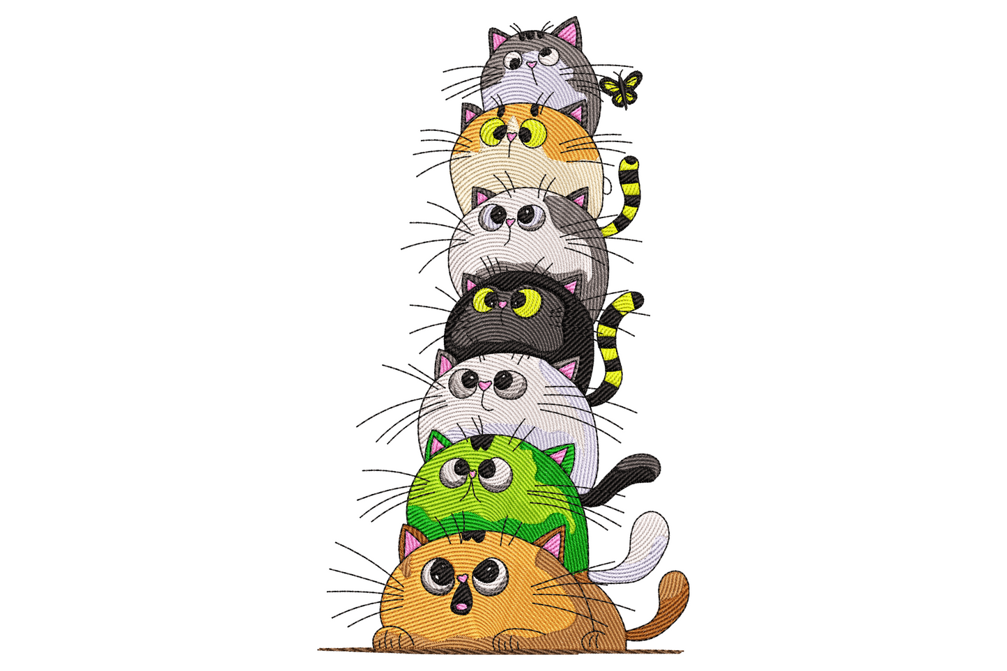 Cute stacked cats embroidery design with 5 round cartoon cats piled in a colourful tower, whiskers, big eyes and tiny butterfly.