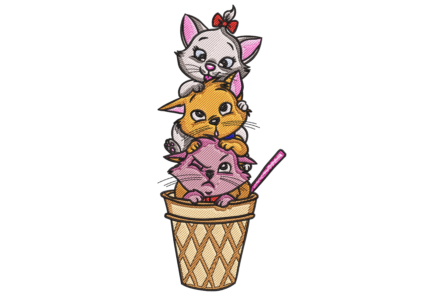 Stacked cats embroidery design with ginger, cream and grey kittens piled inside a golden waffle cone like ice cream scoops.
