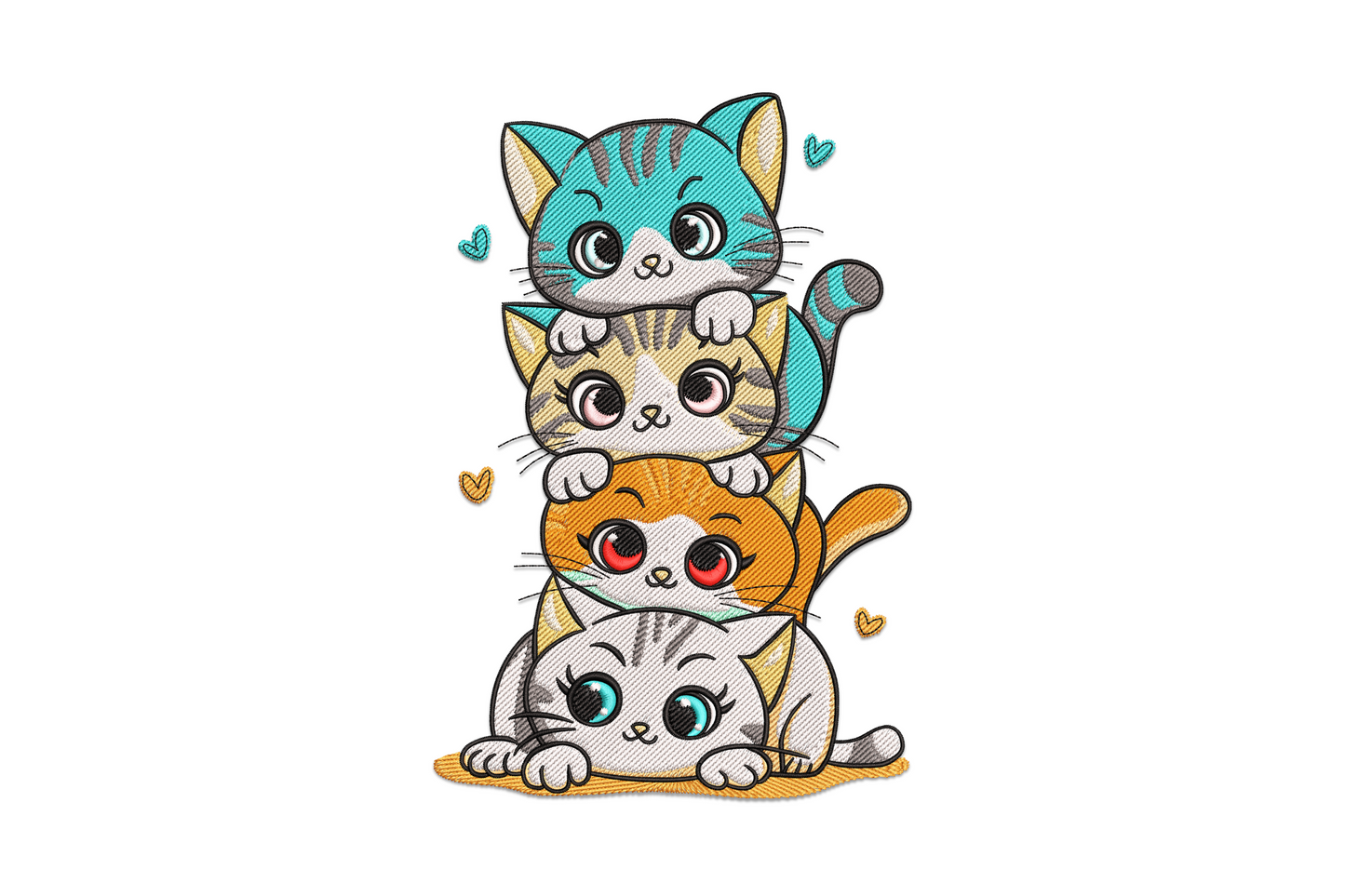 Cute stacked kittens embroidery design with three chibi cats piled in a tower, 15 colours, teal hat on top kitten.