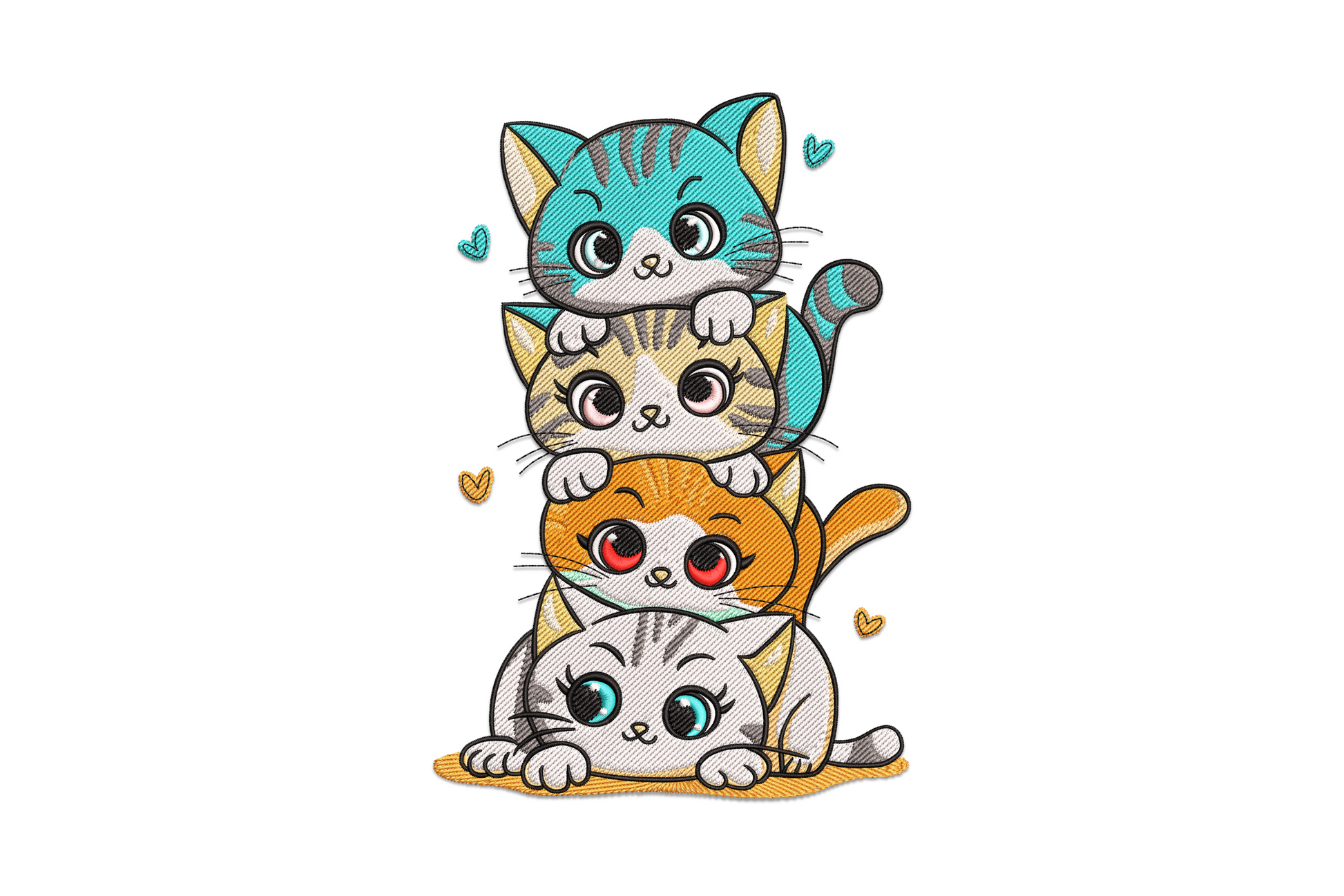 Cute stacked kittens embroidery design with three chibi cats piled in a tower, 15 colours, teal hat on top kitten.