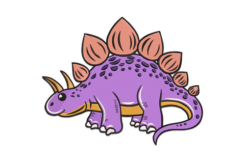 Cute chubby stegosaurus machine embroidery design with seven colours, orange and yellow back plates, sage green body, friendly cartoon eyes