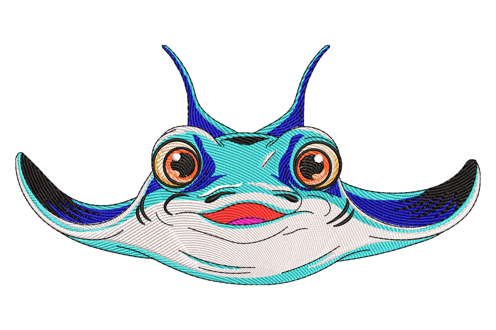 Cute kawaii cartoon stingray machine embroidery design in teal blue and grey, top-down view with wide wings round eyes and trailing tail, soft ocean creature style
