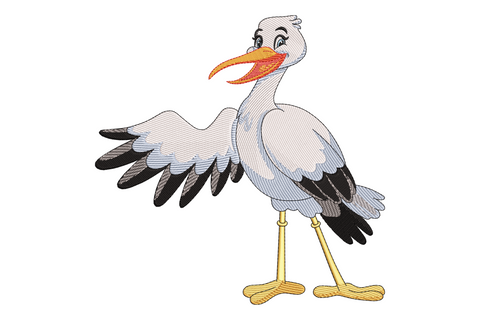 Cute stork bird embroidery design, tall stance with orange beak and long legs, white and grey feathers, nursery style