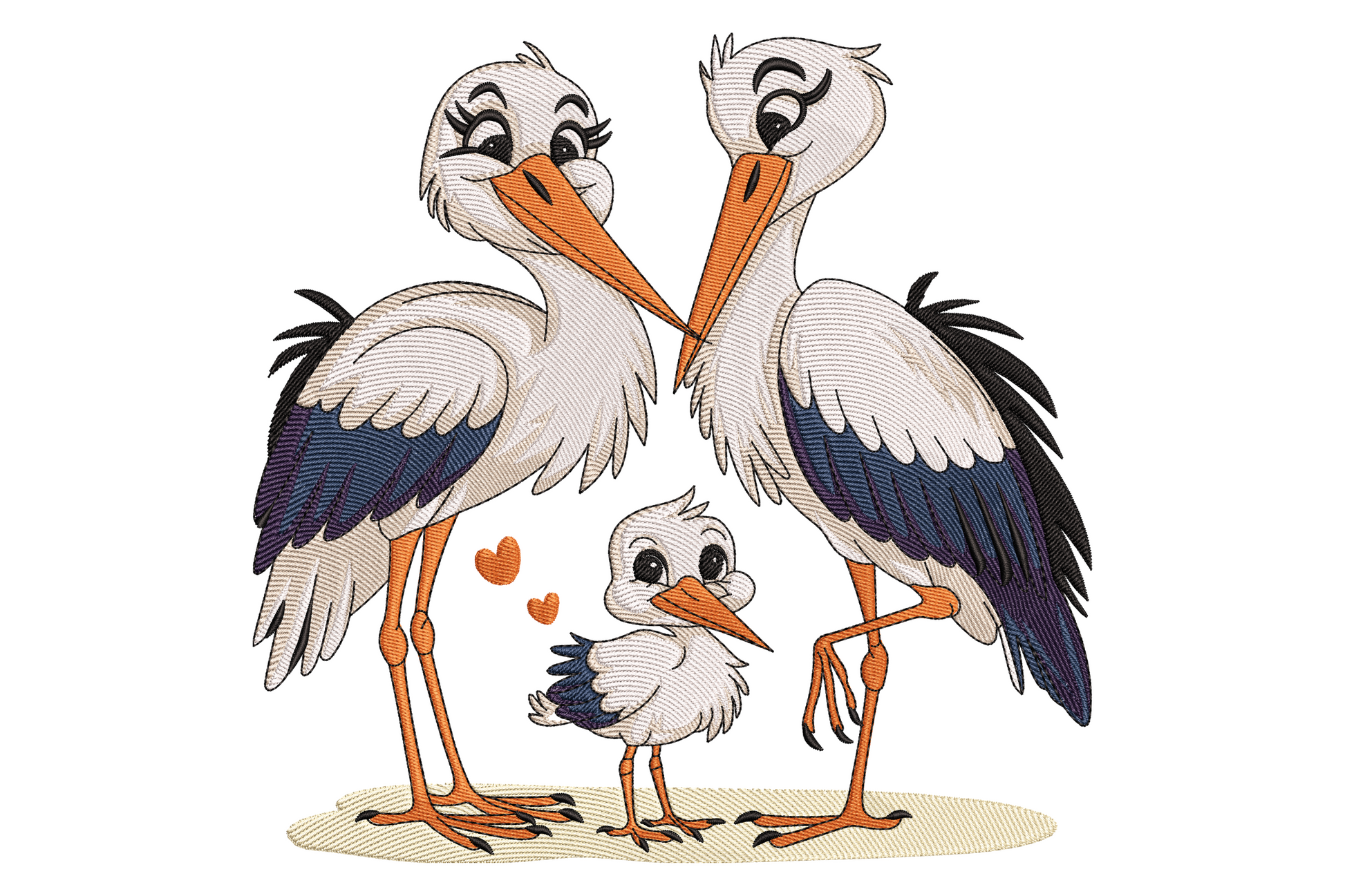 Cute stork family embroidery, two white storks with blue baby bundle, feather satin, 7.43 by 7.5 inches