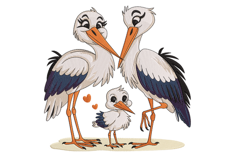 Cute stork family embroidery, two white storks with blue baby bundle, feather satin, 7.43 by 7.5 inches
