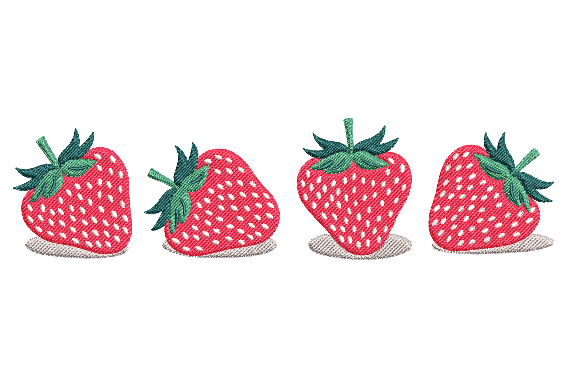 Cute strawberry border embroidery design with four plump red strawberries in a row, white dot texture, green tops and pale shadows.