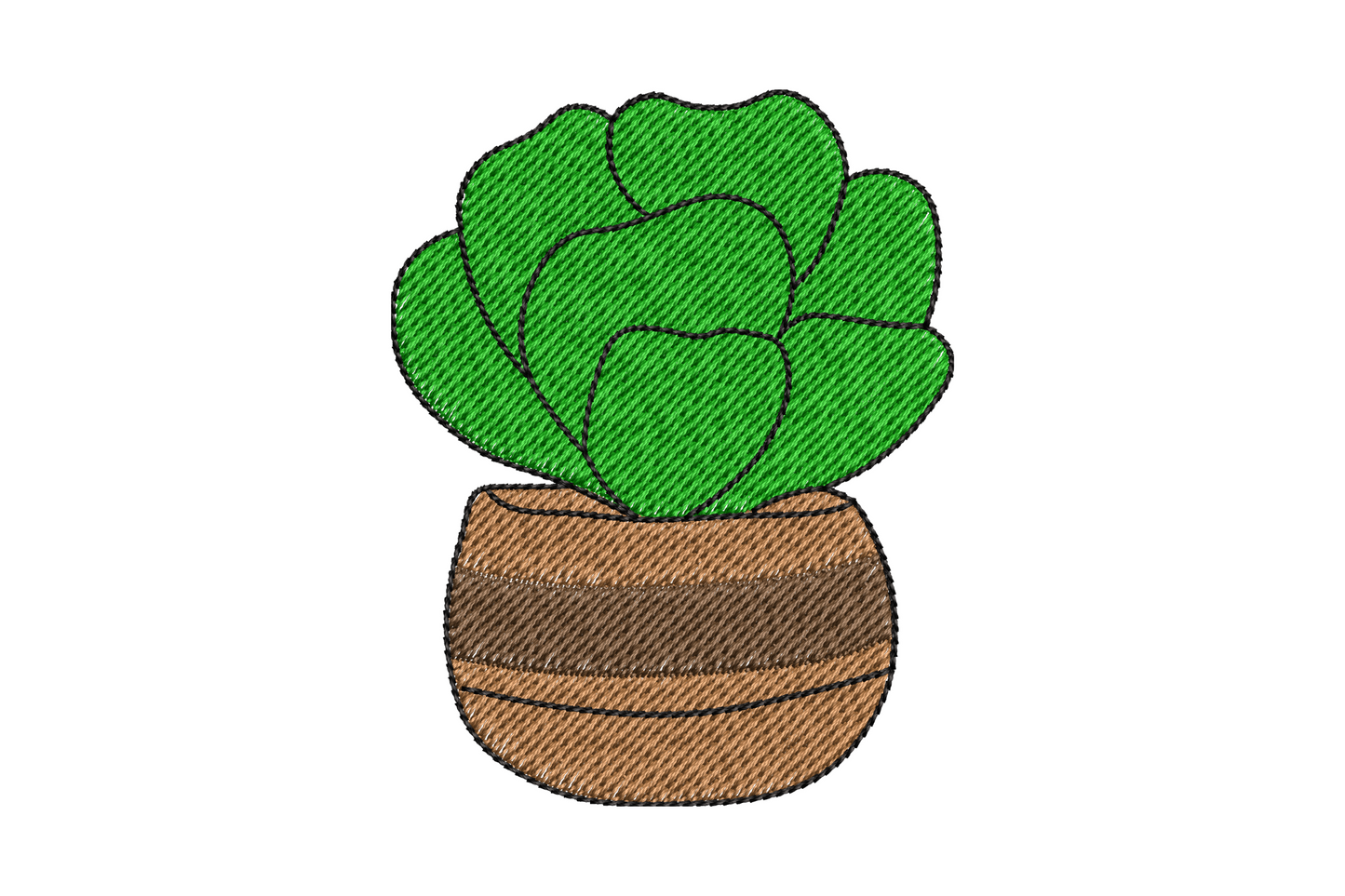 Cute succulent pot embroidery design, cluster of three rosette succulents in sage and dusty mauve with gold pot rim accent.